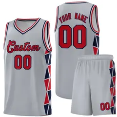 Gray Red-Navy Side Triangle Splicing Basketball Jersey