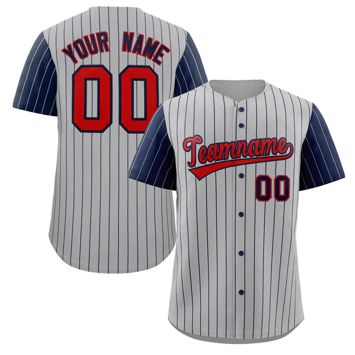 Gray Red-Navy Stripe Raglan Baseball Jersey