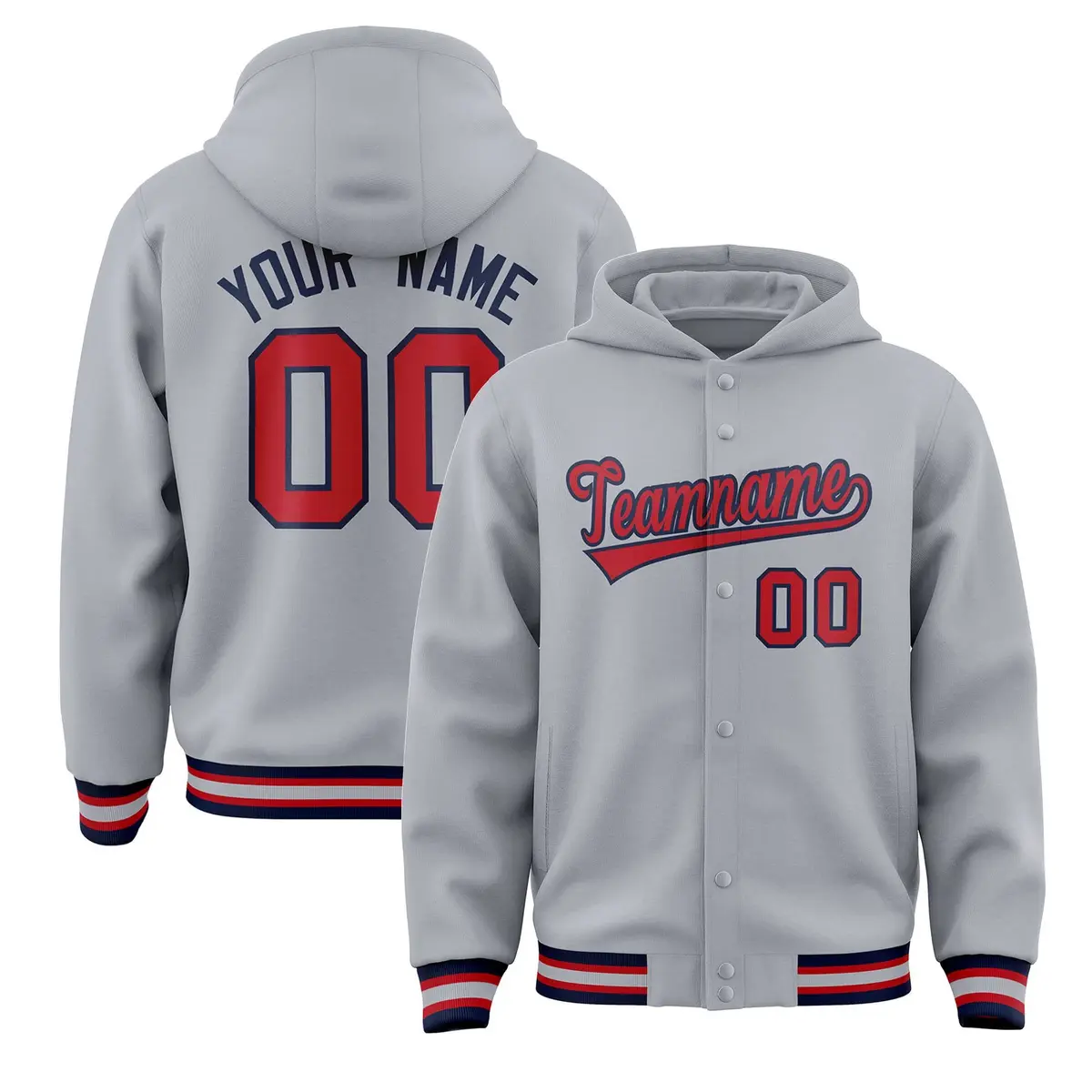 Gray Red-Navy Varsity Full-Snap Letterman Jacket Hoodie