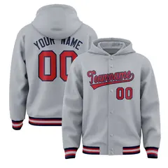 Gray Red-Navy Varsity Full-Snap Letterman Jacket Hoodie