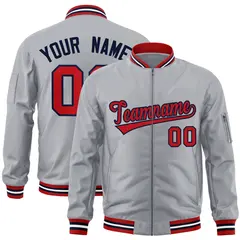 Gray Red-Navy Varsity Full-Zip Letterman Bomber Jacket 1