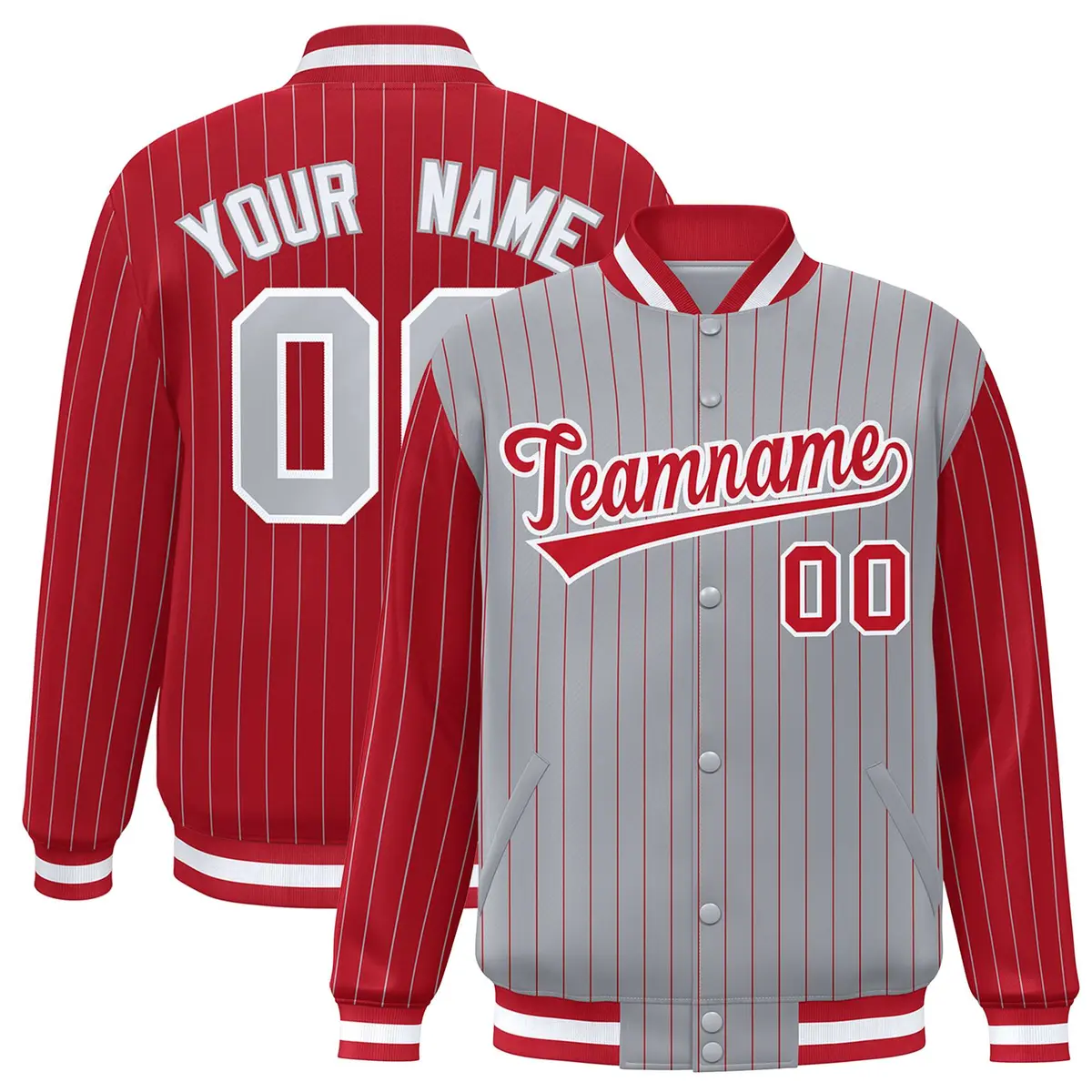 Gray Red Pinstripe Raglan Varsity Letterman Baseball Jacket