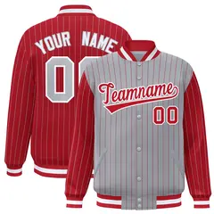 Gray Red Pinstripe Raglan Varsity Letterman Baseball Jacket