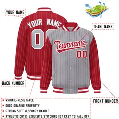 Gray Red Pinstripe Raglan Varsity Letterman Baseball Jacket 2
