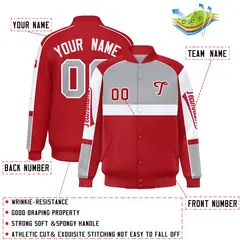 Gray Red Raglan Sleeve Varsity Letterman Jacket 2