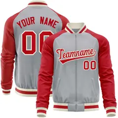Gray Red Raglan Sleeves Full-Zip Letterman Baseball Jacket