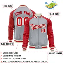 Gray Red Raglan Sleeves Full-Zip Letterman Baseball Jacket 4
