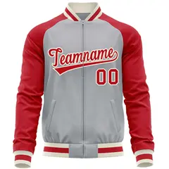 Gray Red Raglan Sleeves Full-Zip Letterman Baseball Jacket 5