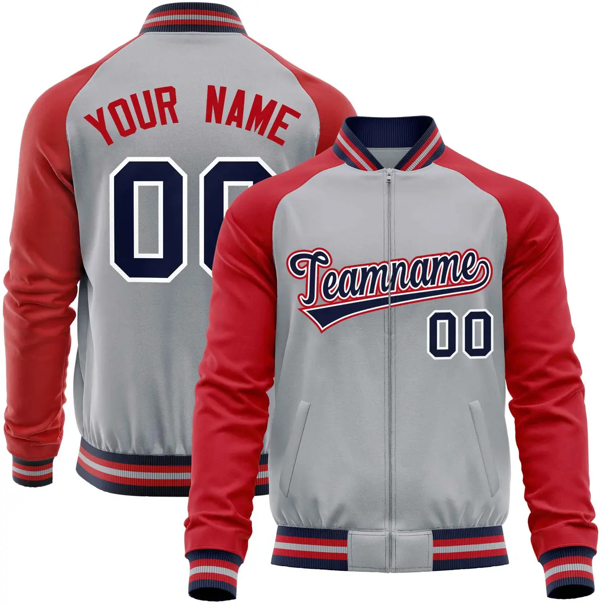 Gray Red Raglan Sleeves Full-Zip Letterman Baseball Jacket