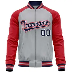 Gray Red Raglan Sleeves Full-Zip Letterman Baseball Jacket 5