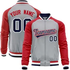 Gray Red Raglan Sleeves Full-Zip Letterman Baseball Jacket
