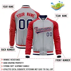 Gray Red Raglan Sleeves Full-Zip Letterman Baseball Jacket 4
