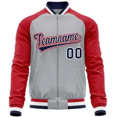Gray Red Raglan Sleeves Full-Zip Letterman Baseball Jacket 5