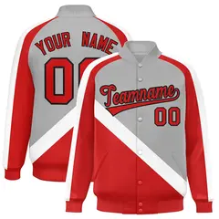 Gray Red Raglan Varsity Full-Snap Letterman Baseball Jacket 1