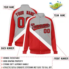 Gray Red Raglan Varsity Full-Snap Letterman Baseball Jacket 2