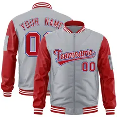 Gray Red-Royal Raglan Sleeves Letterman Bomber Jacket 1