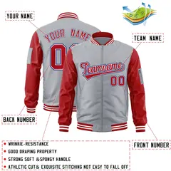 Gray Red-Royal Raglan Sleeves Letterman Bomber Jacket 2