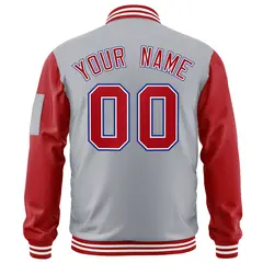 Gray Red-Royal Raglan Sleeves Letterman Bomber Jacket 4