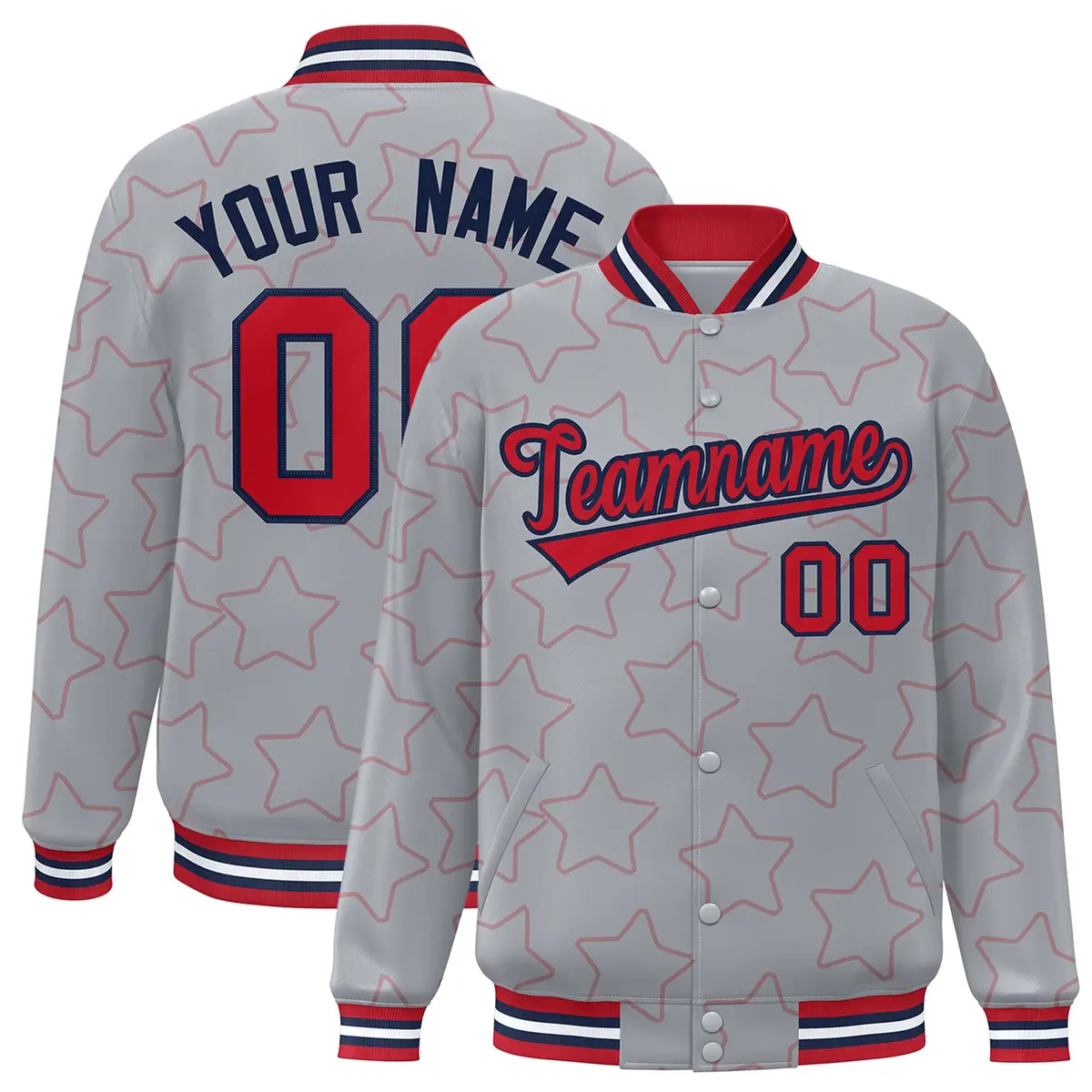 Gray Red Star Pattern Varsity Full-Snap Letterman Baseball Jacket