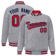 Gray Red Star Pattern Varsity Full-Snap Letterman Baseball Jacket 1