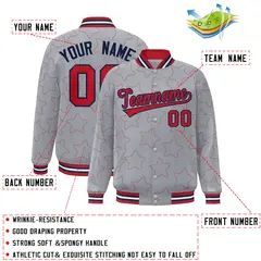 Gray Red Star Pattern Varsity Full-Snap Letterman Baseball Jacket 2