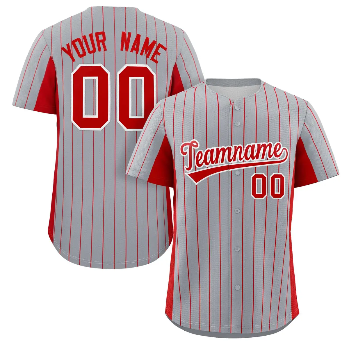 Gray Red Stripe Full Button Authentic Baseball Jersey
