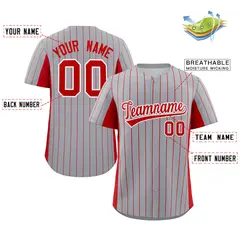Gray Red Stripe Full Button Authentic Baseball Jersey 2