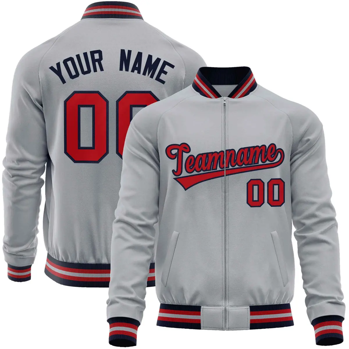 Gray Red Varsity Full-Zip Letterman Baseball Jacket