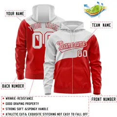 Gray Red Wave Color Block Varsity Full-Zip Letterman Hoodie 4