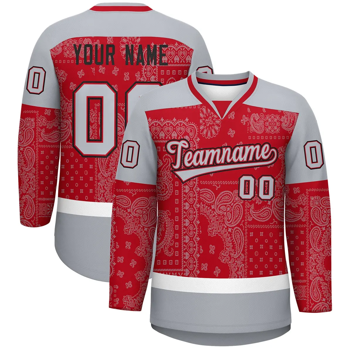 Gray Red White Cashew Flower Graffiti V-Neck Hockey Jersey