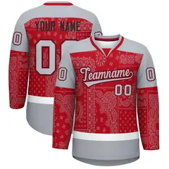 Gray Red White Cashew Flower Graffiti V-Neck Hockey Jersey
