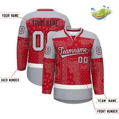 Gray Red White Cashew Flower Graffiti V-Neck Hockey Jersey 2
