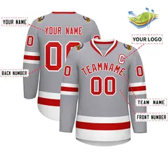 Gray Red-White Classic Style Hockey Jersey 2