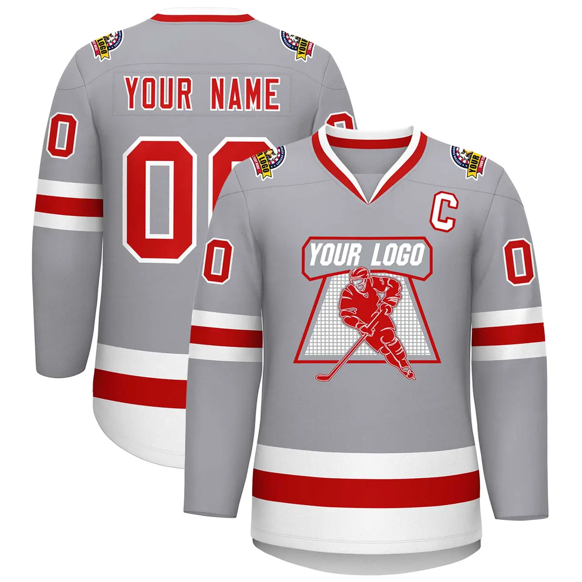 Gray Red-White Classic Style Hockey Jersey