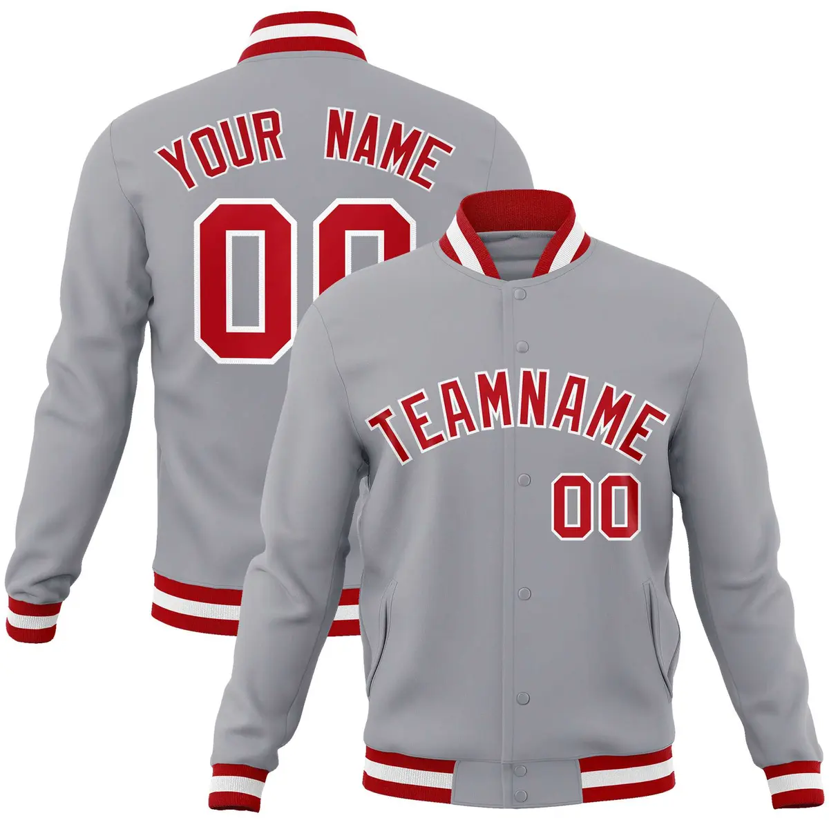 Gray Red-White Classic Varsity Full-Snap Letterman Jacket