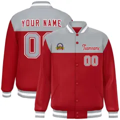 Gray Red-White Color Block Lettermen Baseball Jacket