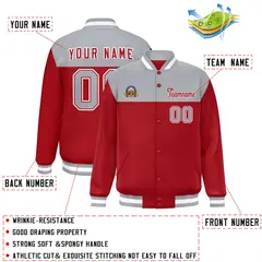 Gray Red-White Color Block Lettermen Baseball Jacket 2