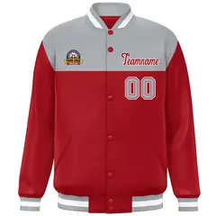 Gray Red-White Color Block Lettermen Baseball Jacket 3