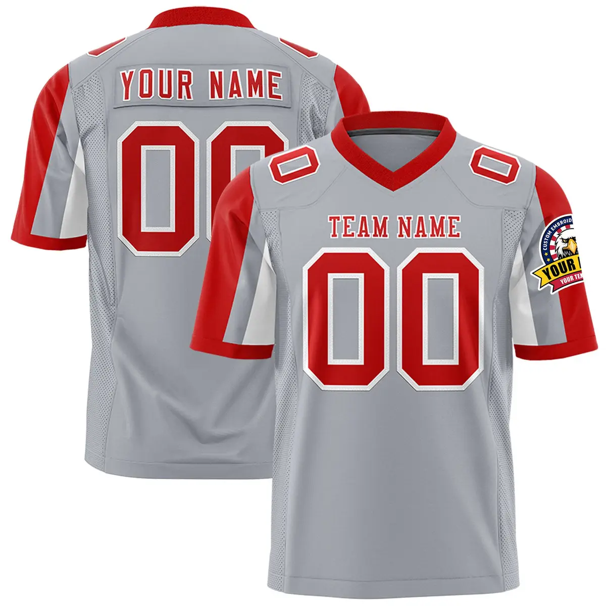 Gray Red-White Color Block Raglan Sleeves Football Jersey