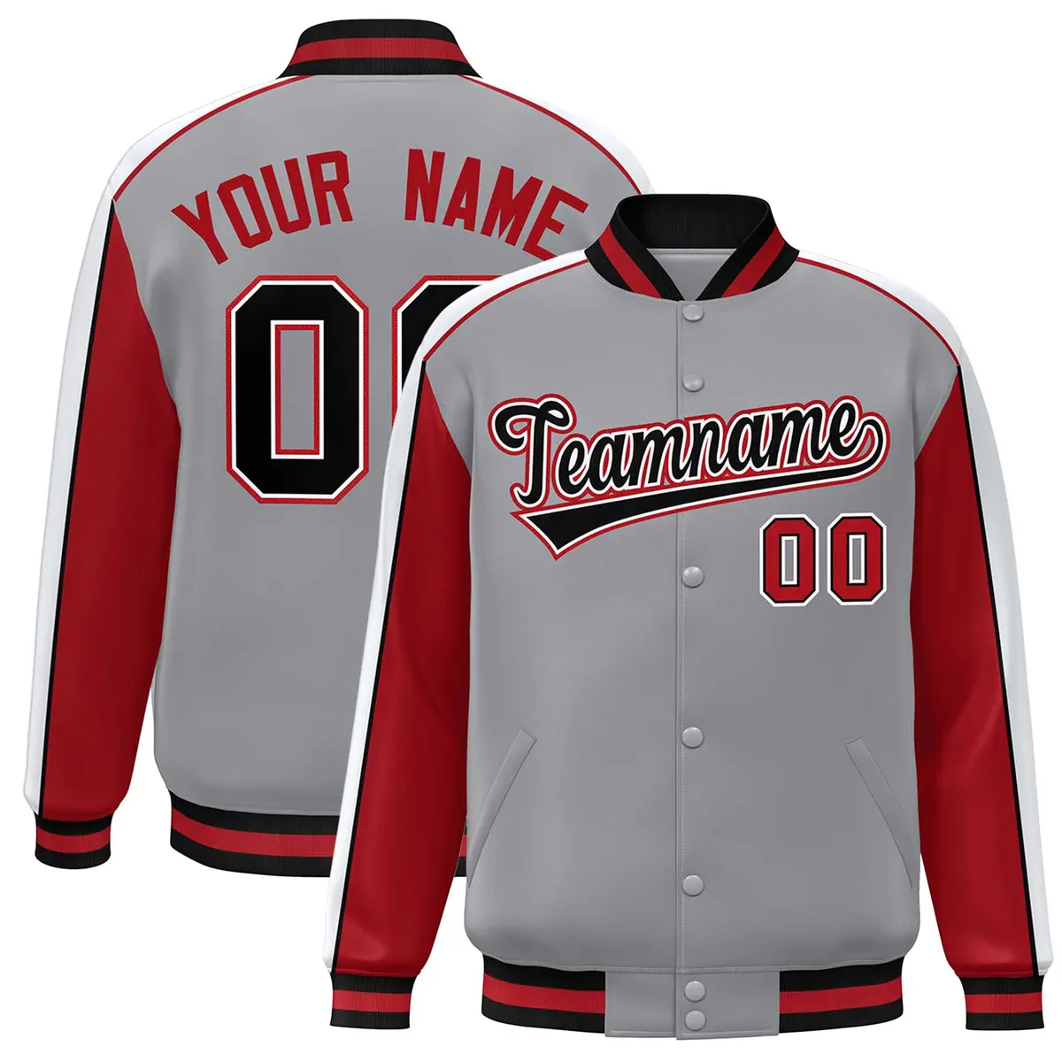 Gray Red-White Color Block Varsity Bomber Baseball Jacket