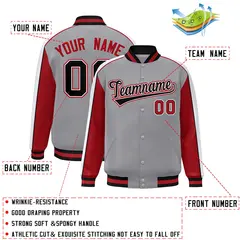 Gray Red-White Color Block Varsity Bomber Baseball Jacket 2