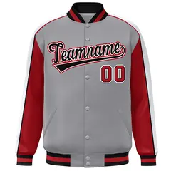 Gray Red-White Color Block Varsity Bomber Baseball Jacket 3