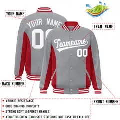 Gray Red-White Color Block Varsity Letterman Baseball Jacket 2