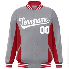 Gray Red-White Color Block Varsity Letterman Baseball Jacket 3