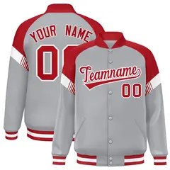 Gray Red-White Color Block Varsity Letterman Jacket 1