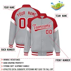 Gray Red-White Color Block Varsity Letterman Jacket 2