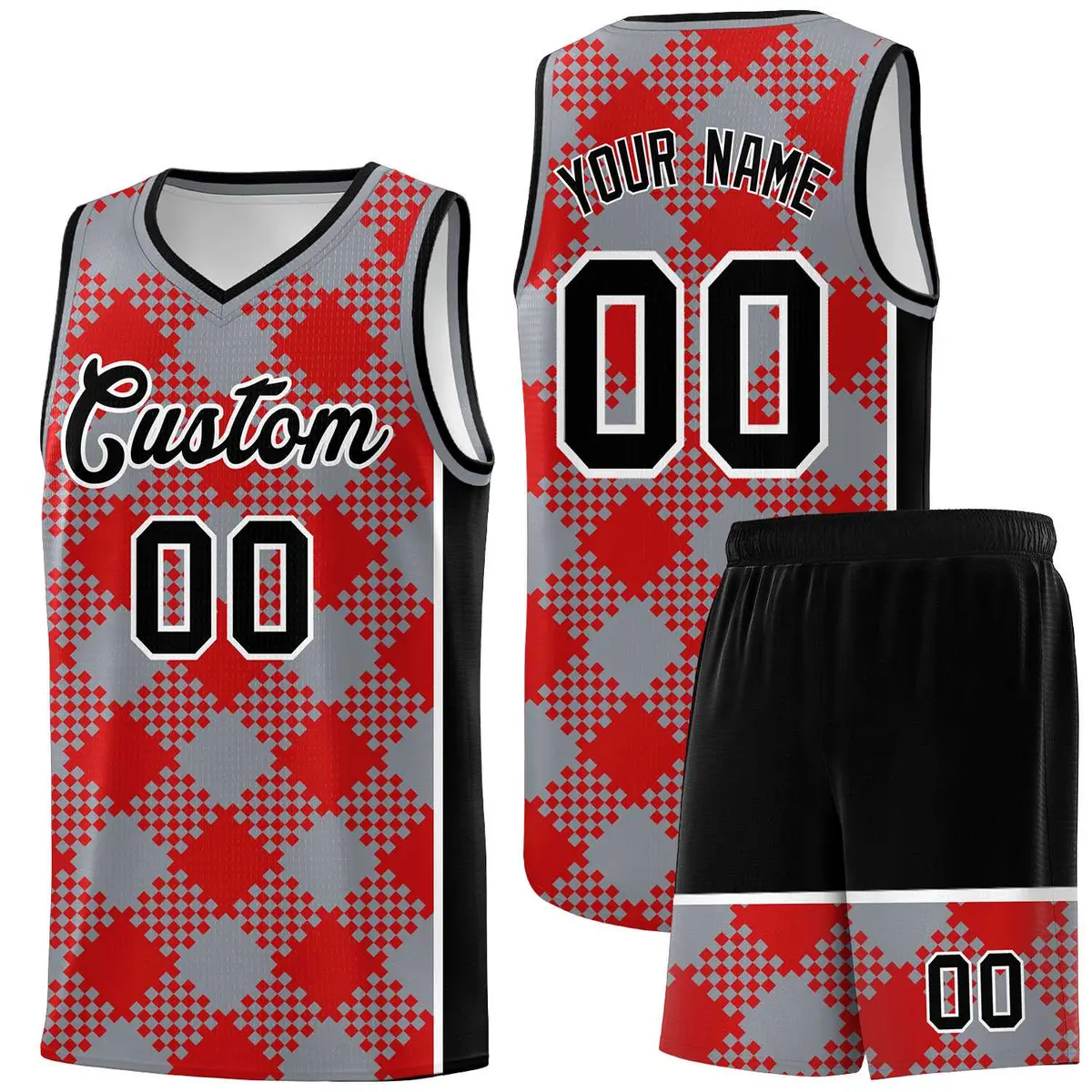 Gray Red-White Grid Basketball Kits For Team