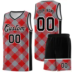 Gray Red-White Grid Basketball Kits For Team 1