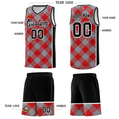 Gray Red-White Grid Basketball Kits For Team 5