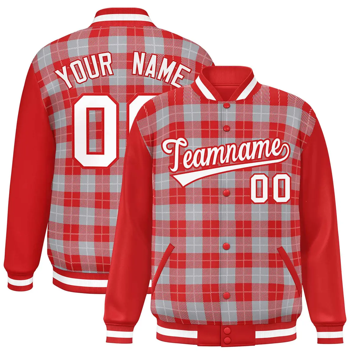 Gray Red-White Plaid Varsity Letterman Baseball Jacket